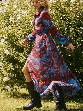 87S.New ANTHROPOLOGIE Eleanora Buttondown Dress Burgundy Floral silk blend